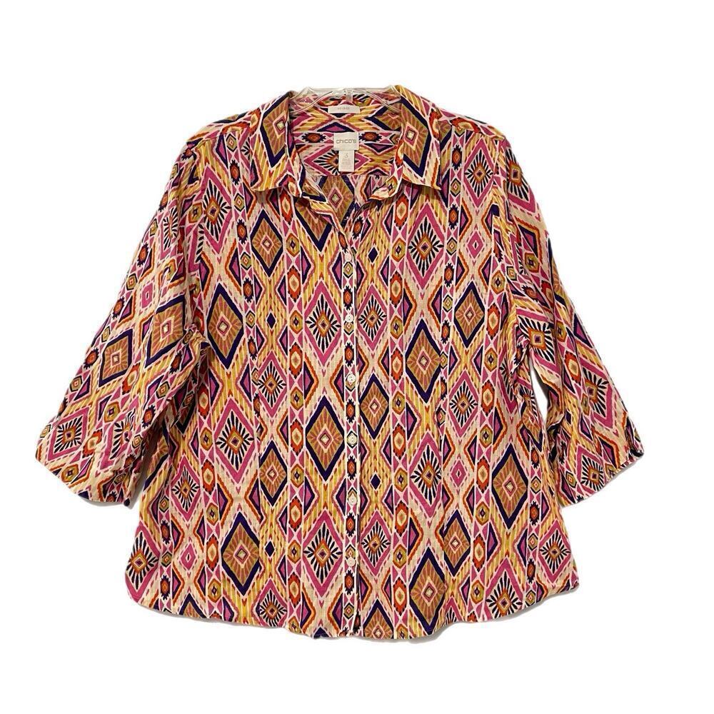 Chico’s No Iron Top Button Down 100% Linen Blouse Size 3 (XL) Southwestern